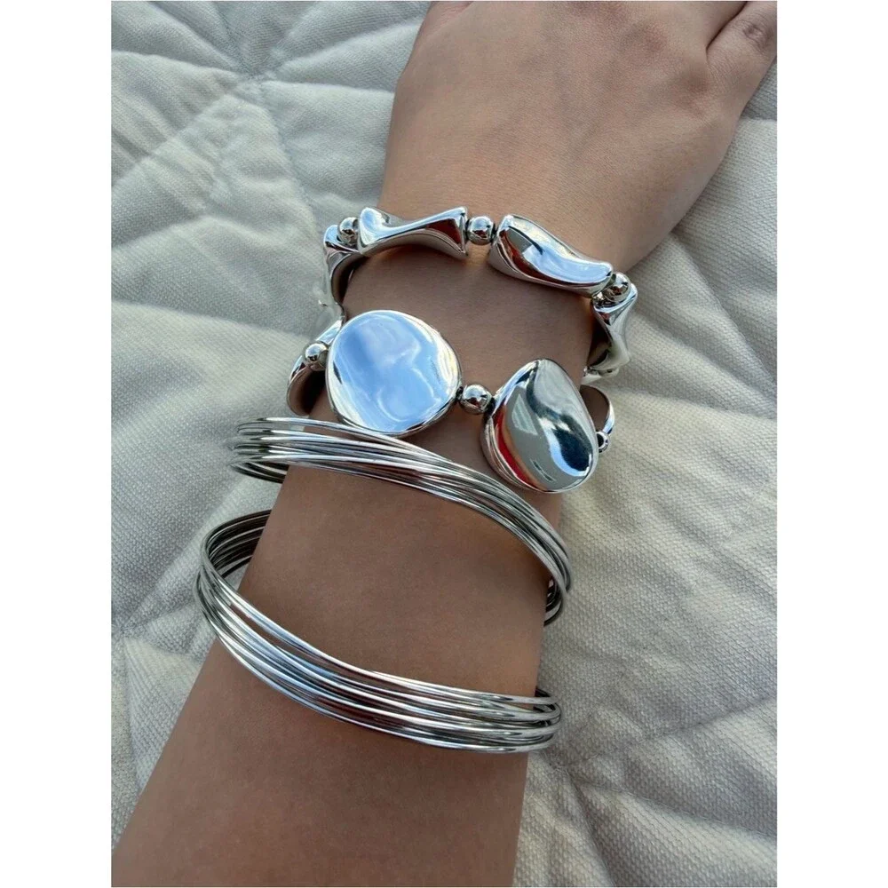 3-Piece Modern Silver Stackable Bracelet Set – Organic & Minimalist